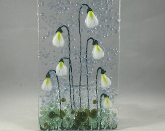 Fused Glass Floral Plaque, Snowdrop Candle Display, Home Decor