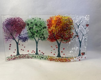 Glass S Curved Plaque,  Tree in four seasons,  Glass Art, Candle Display , Fused Glass, Birthday Gift, Christmas Gift