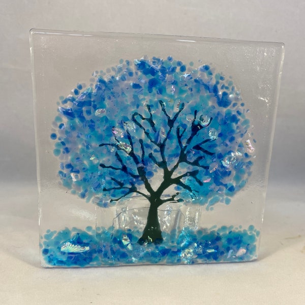 Floral Glass Plaque, Candle Display, tree in shades of blue,  Fused Glass, Home Decor, Birthday Present, Mothers Day Gift, Christmas Gift
