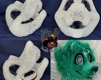 May include: A white 3D printed fursuit head base with a mesh structure, shown from multiple angles including a front view and a side view with a red measuring tape. A finished green furry mascot head example is included with the text Kitty Up! Fursuits and Mascots and FINISHED EXAMPLE NOT FOR SALE.