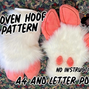 May include: A cloven hoof pattern for fursuit gloves featuring white faux fur and coral-colored plush accents. The design includes coral-colored ears and hoof-like details. Text on the image reads: CLOVEN HOOF PATTERN, NO INSTRUCTIONS, A4 AND LETTER PDFS.