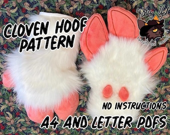 May include: A cloven hoof pattern for fursuit gloves featuring white faux fur and coral-colored plush accents. The design includes coral-colored ears and hoof-like details. Text on the image reads: CLOVEN HOOF PATTERN, NO INSTRUCTIONS, A4 AND LETTER PDFS.