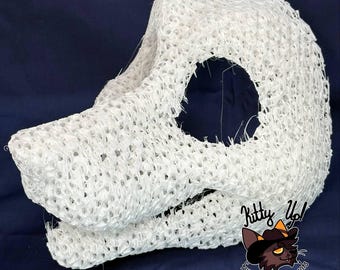 May include: A white, three-dimensional, mesh-like animal mask base with a snout and large eye openings. The structure is crafted from a textured, webbed material. A logo featuring a cat character and the text Kitty Up! Fursuits and Mascots is visible.