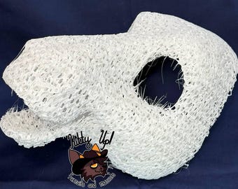 May include: A white, three-dimensional, mesh-textured animal mask base with a prominent snout and a large circular eye opening. The surface features a dense, woven, net-like pattern. A logo with the text Kitty Up! Fursuits and Mascots is visible.