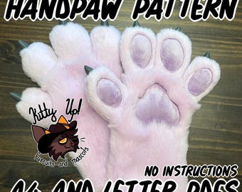 May include: A pair of light pink faux fur handpaws with purple paw pads and dark grey claws. The image features the text HANDPAW PATTERN, NO INSTRUCTIONS, A4 AND LETTER PDFS, and a logo for Kitty Up! Fursuits and Mascots with a cat illustration.
