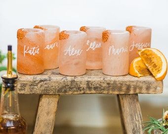 Himalayan Salt Shot Glass Placecards- Wedding Place Cards, Custom Shot Glasses, Shot Glass Placecards, Unique Placecards, Boho Wedding Decor