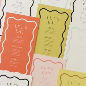 Cardápio de casamento ondulado, Cardápios de casamento, Cardápio de casamento personalizado, Cardápios com borda ondulada