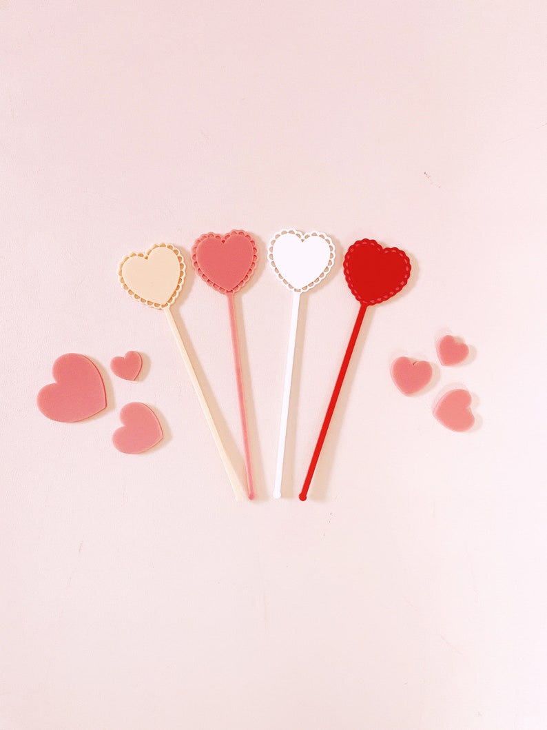 Valentines Stirrers, Heart Stir Sticks , Galentines Day Decor, Galentines Day Party, Valentines Day Decor SET of 8 image 1