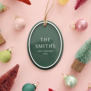 May include: A festive Christmas ornament with the text "THE SMITHS FIRST CHRISTMAS 2024" in white on a green oval. The ornament is surrounded by miniature Christmas trees and colorful ornaments in shades of pink, green, and red.