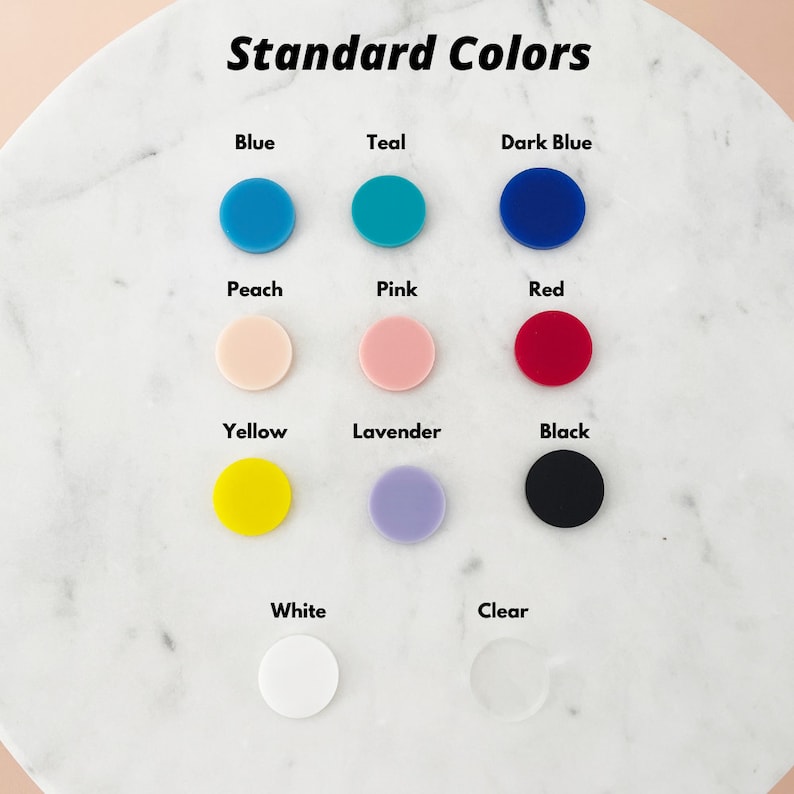 May include: A chart showing standard colors with color swatches for blue, teal, dark blue, peach, pink, red, yellow, lavender, black, white, and clear.