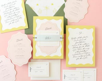 Wavy Frame Wedding Invitation- Wavy Wedding Invitation, Semi-Custom Wedding Invitation, Wedding Invites, Wedding Stationery -- SAMPLE