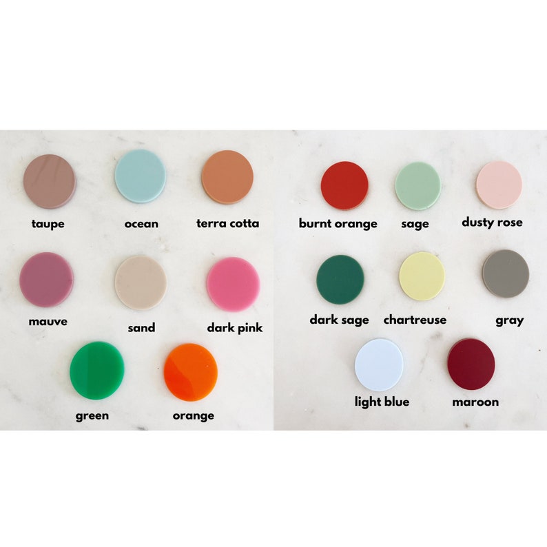 May include: Color chart with 15 different colors, including taupe, ocean, terra cotta, burnt orange, sage, dusty rose, mauve, sand, dark pink, dark sage, chartreuse, gray, green, orange, light blue, and maroon.