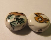 Vintage Hand Painted Ceramic Beads of Snake in the Grass, 1 2 quot , Set of 2