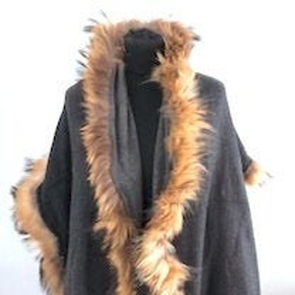 Cashmere/Wool Blend  Reversible Charcoal and Grey Shawl with Raccoon Fur Trim