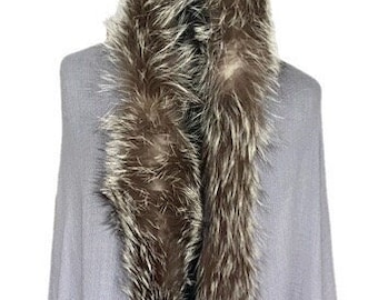 Lightweight Merino Shawl GREY with Upcycled Silver Fox Fur Trim