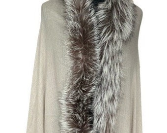 Lightweight Merino Shawl CAPPUCCINO with Upcycled Silver Fox Fur Trim