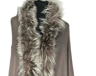 Lightweight Merino Shawl ESPRESSO  with Upcycled Silver Fox Fur Trim