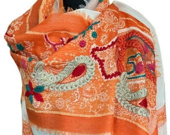 Hand Embroidered Reversible Cut Away Merino Wool Shawl