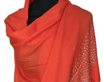 Merino Wool Stole with Silver & Gold Crystal Beads BURNT ORANGE by Vishana