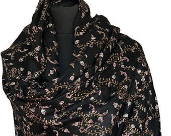 Hand Embroidered Authentic Pashmina Cashmere Shawl in Black by Vishana