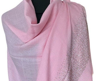 Merino Wool Stole with Silver & Gold Crystal Beads ROSE PINK by Vishana