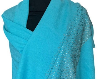 Merino Wool Stole with Silver & Gold Crystal Beads AQUAMARINE by Vishana