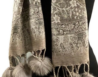 Paisley Wool Reversible Scarf with up-cycled fox fur pom poms