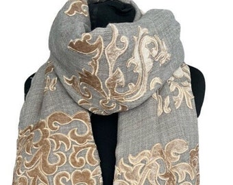 Velvet Applique CAMEL GOLD Reversible Shawl woven from Merino Wool designed by Vishana