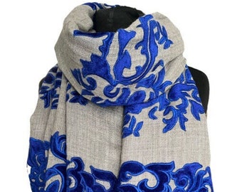 Velvet Applique ROYAL BLUE Reversible Shawl woven from Merino Wool designed by Vishana