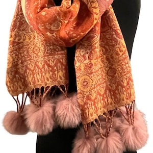 Paisley Wool Reversible Scarf  with up-cycled fox fur pom poms