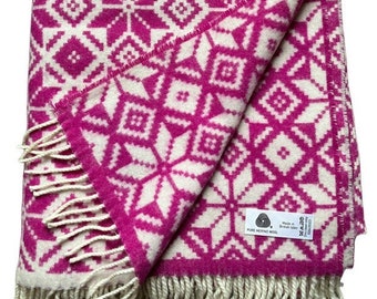 The Happy Hygge Merino Wool Throw in Fuschia & White woven in the UK