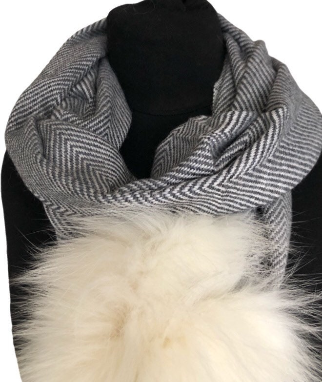 Cashmere Scarf in 4 Colour Ways With Upcycled White Fox Fur