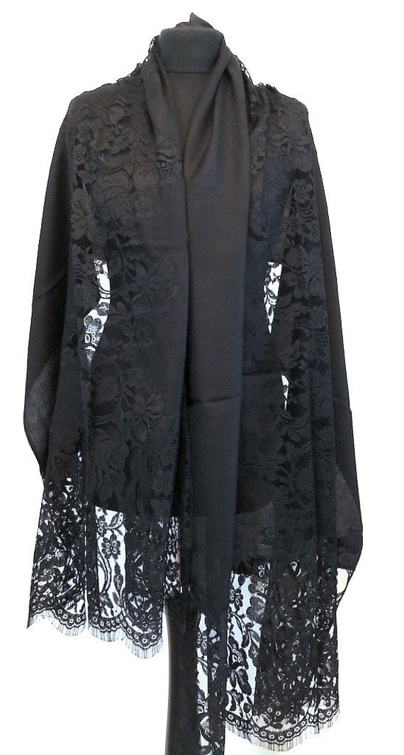 Pashmina Cashmere \u0026 Lace Shawl in Black by Vishana