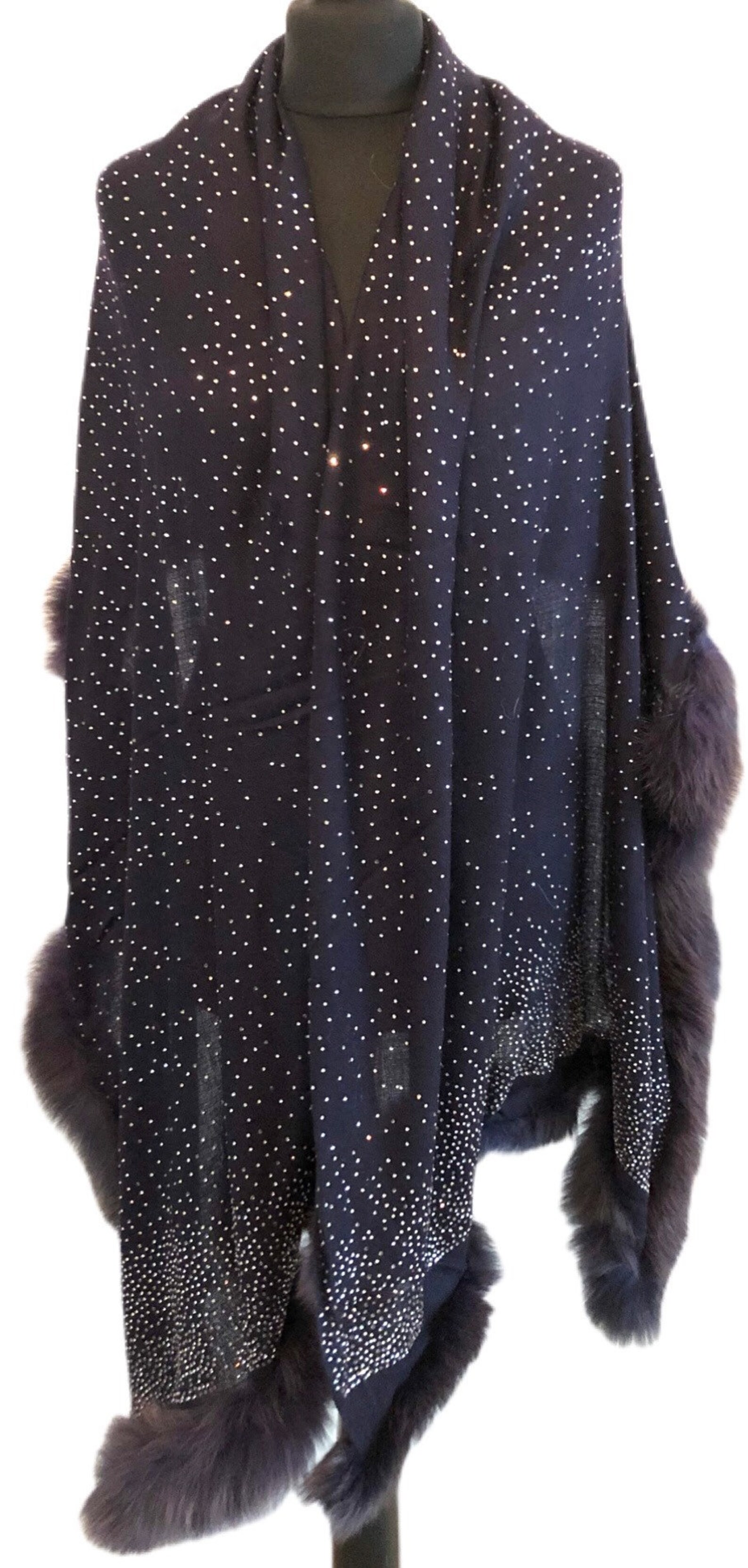 Cashmere Shawl in NAVY with upcycled Fox Fur Trim & Crystal Etsy