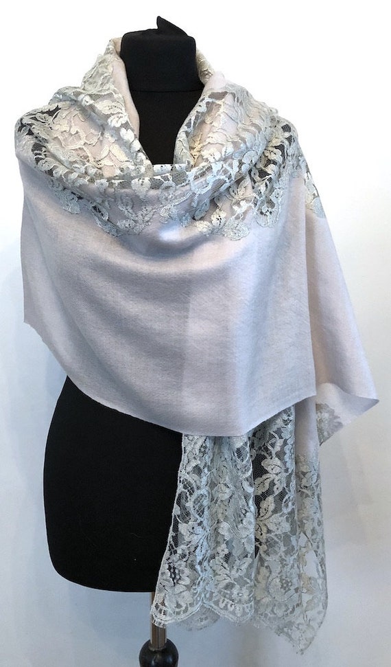 Pashmina Cashmere \u0026 Lace Shawl in Silver by Vishana