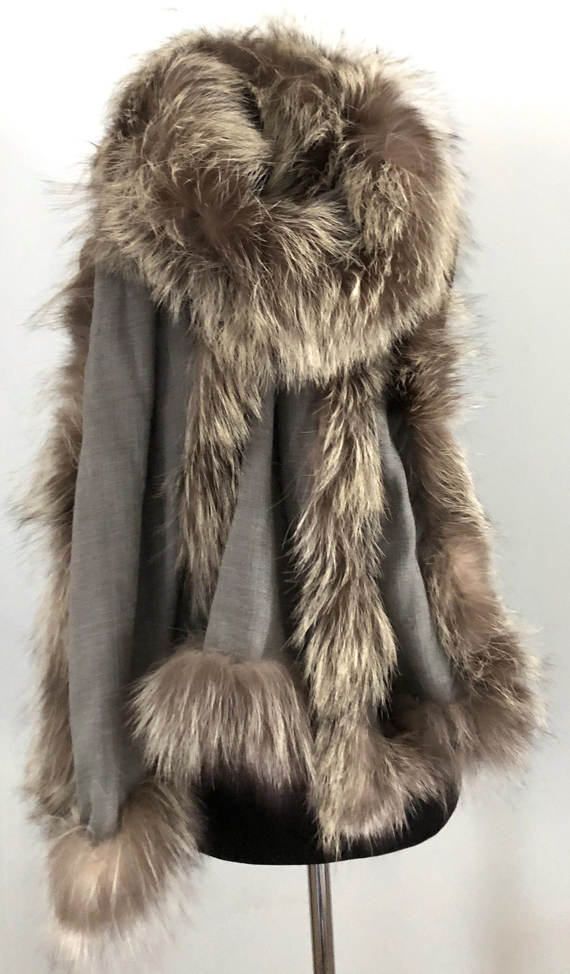 Lightweight Shawl with Upcycled Silver Fox Fur Trim GREY | Etsy