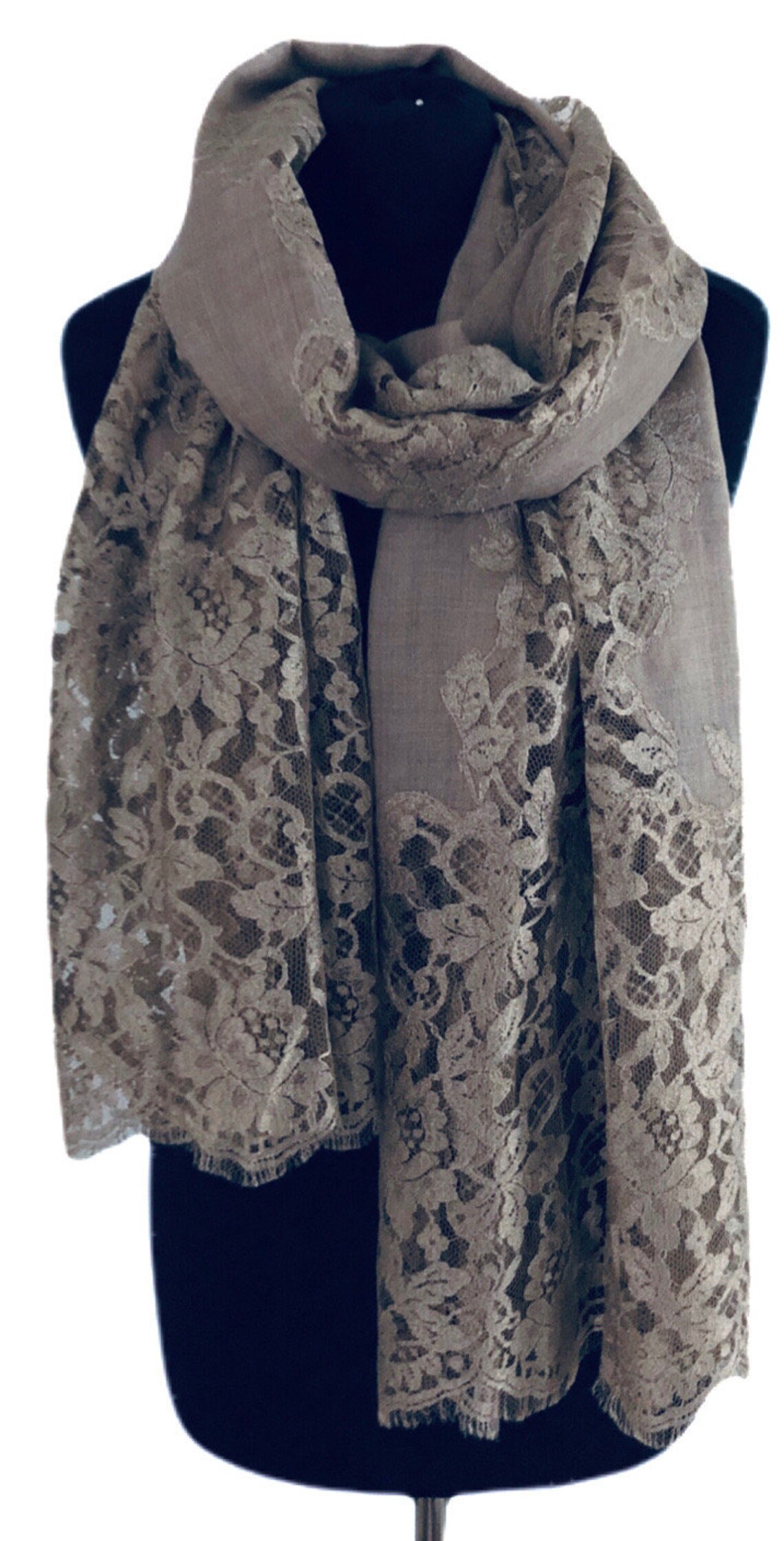 Pashmina Cashmere & Lace Shawl in DARK TAUPE by Vishana Etsy