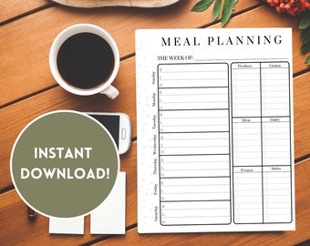 Simple Meal Planner with Grocery List PDF Printable