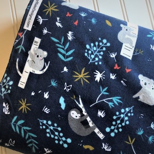 Koala-Bears-Sloths-Trees-Forest-Leaves-butterfly-Navy-Gray-Riley-Blake-Designs-Cotton-Flannel-Quilting-Fat-Quarters-Fabric-By-The-Yard