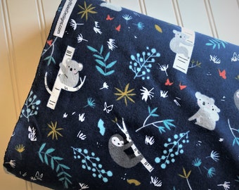 Koala-Bears-Sloths-Trees-Forest-Leaves-butterfly-Navy-Gray-Riley-Blake-Designs-Cotton-Flannel-Quilting-Fat-Quarters-Fabric-By-The-Yard