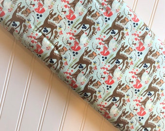 Woodland-Spring-Forest-Animals-Trees-Deer-Owls-Fox-Birds-Wildlife-Aqua-Riley-Blake-Designs-Cotton-Quilting-Fat-Quarter-Fabric-By-Yard