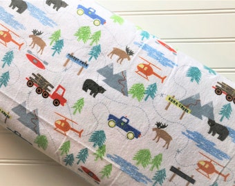 Riley-Blake-Designs-Forest-Scene-Moose-Bears-Helicopter-Canoe-Lake-Animals-Kids-Baby-Flannel-Cotton-Quilting-Fat-Quarters-Fabric-By-The-Yard