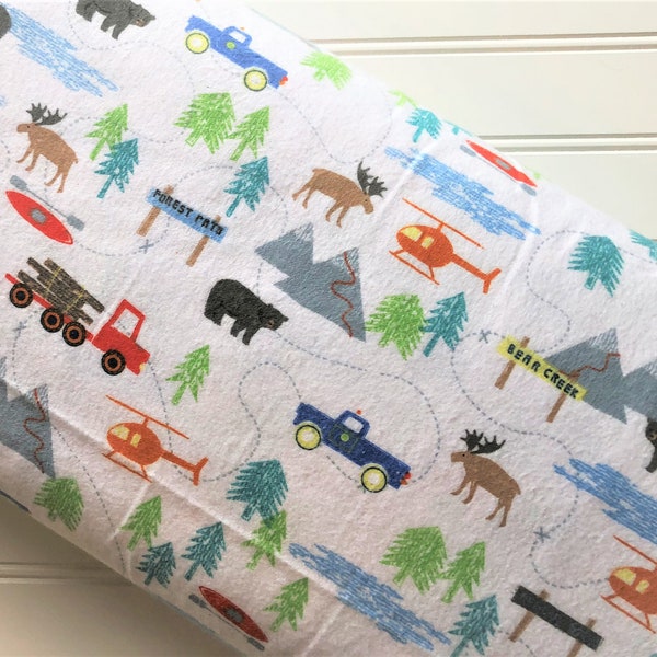 Riley-Blake-Designs-Forest-Scene-Moose-Bears-Helicopter-Canoe-Lake-Animals-Kids-Baby-Flannel-Cotton-Quilting-Fat-Quarters-Fabric-By-The-Yard