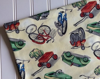 Michael-Miller-Fabric-By-The-Yard-On-The-Move-Kids-Vintage-Bikes-Cars-Red-Wagons-Cotton-Quilt-Fat-Quarter-Sew-DIY-Projects-Crafts-Supplies