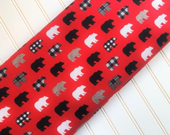 Tela de algodón para acolchado de un cuarto de yarda, diseño de Riley Blake, con estampado de osos rojos y negros, cuadros de búfalo, leñadores, animales del bosque y fauna silvestre.