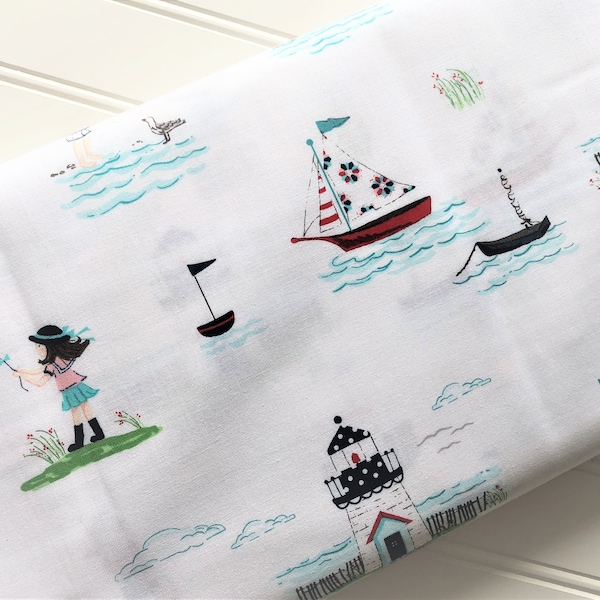 Seaside-Vintage-Kids-Lighthouse-Kites-Sailboats-Beach-Shells-Tasha-Nod-Riley-Blake-Designs-Cotton-Quilting-Fat-Quarters-Fabric-By-The-Yard