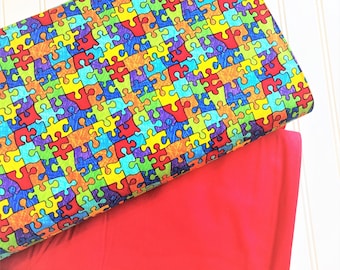 Crayon-Party-Puzzle-Pieces-Bright-Autistic-Spectrum-Red-Blue-Green-Timeless Treasure-Fabric-Cotton-Quilting-Fat-Quarter-By-Yard-Bundle