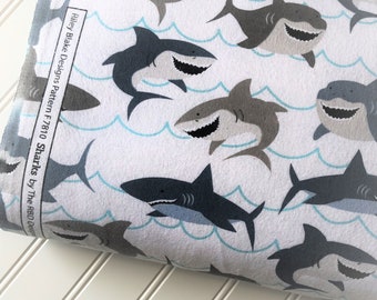 Sharks-Fins-Waves-Ocean-Sea-Animals-Gray-Blue-White Flannel-Riley-Blake-Designs-Cotton-Flannel-Quilting-Fat-Quarters-Fabric-By-The-Yard