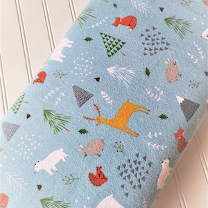 Forest-Animals-Bunnies-Polar-Bears-Deers-Fox-Blue-Mountians-Trees-Riley-Blake-Designs-Cotton-Flannel-Quilting-Fat-Quarter-Fabric-By-The-Yard