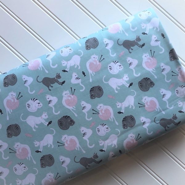 Purrfect-Day-I-Love-Cats-Purr-Meow-Kitty-Cat-Aqua-Yarn-Ball-Fish-Playfull-Kittens-Riley-Blake-Design-Cotton-Quilting-Fat-Quarter-Fabric-Yard